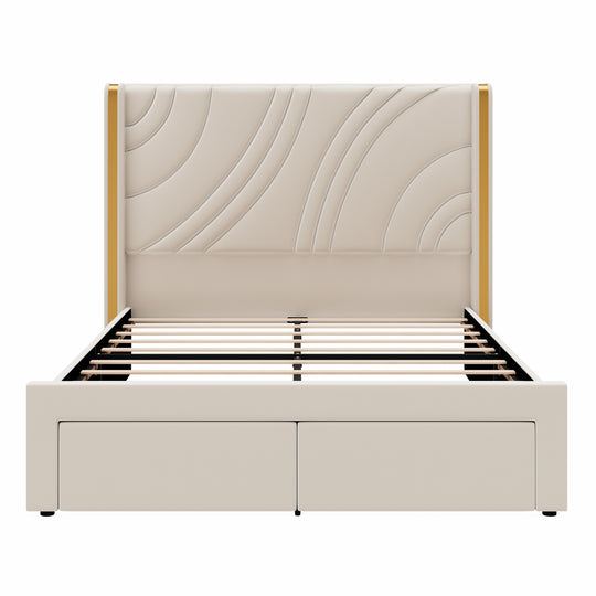 Velvet Upholstered Platform Bed with Smart Ambient Strip Lights Wingback Headboard and Endbed Pull-Out Storage Drawers