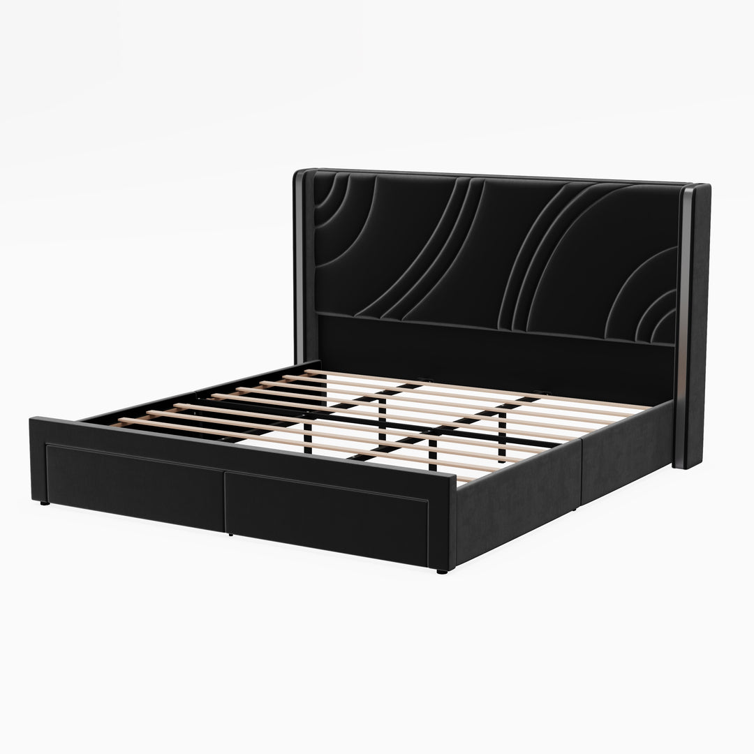 Velvet Upholstered Platform Bed with Smart Ambient Strip Lights Wingback Headboard and Endbed Pull-Out Storage Drawers