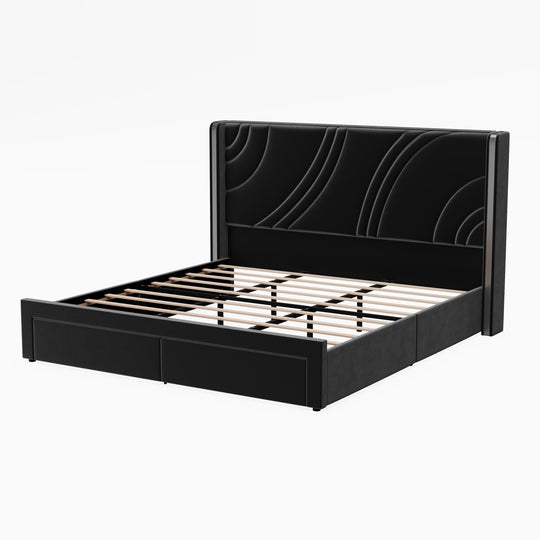 Velvet Upholstered Platform Bed with Smart Ambient Strip Lights Wingback Headboard and Endbed Pull-Out Storage Drawers