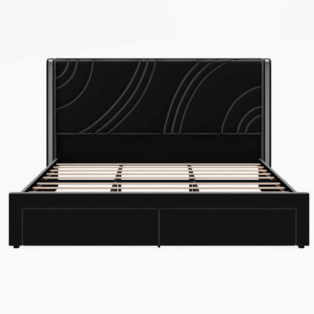 Velvet Upholstered Platform Bed with Smart Ambient Strip Lights Wingback Headboard and Endbed Pull-Out Storage Drawers