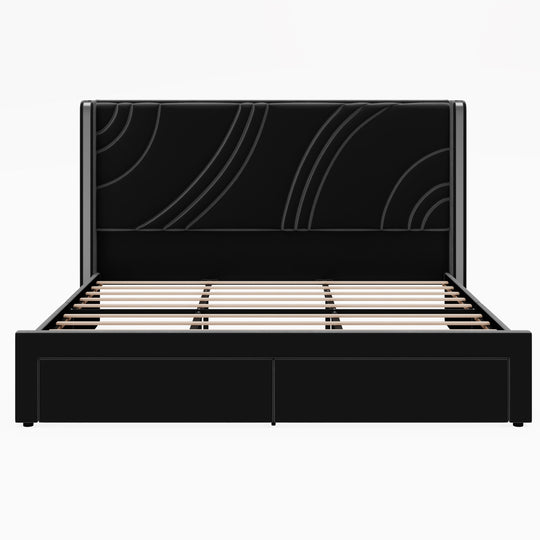 Velvet Upholstered Platform Bed with Smart Ambient Strip Lights Wingback Headboard and Endbed Pull-Out Storage Drawers
