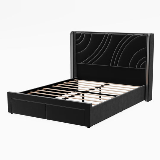 Velvet Upholstered Platform Bed with Smart Ambient Strip Lights Wingback Headboard and Endbed Pull-Out Storage Drawers