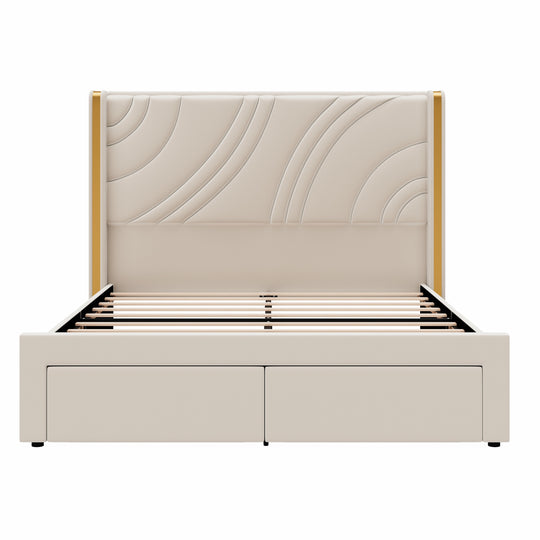 Velvet Upholstered Platform Bed with Smart Ambient Strip Lights Wingback Headboard and Endbed Pull-Out Storage Drawers