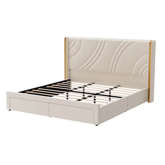 Velvet Upholstered Platform Bed with Smart Ambient Strip Lights Wingback Headboard and Endbed Pull-Out Storage Drawers