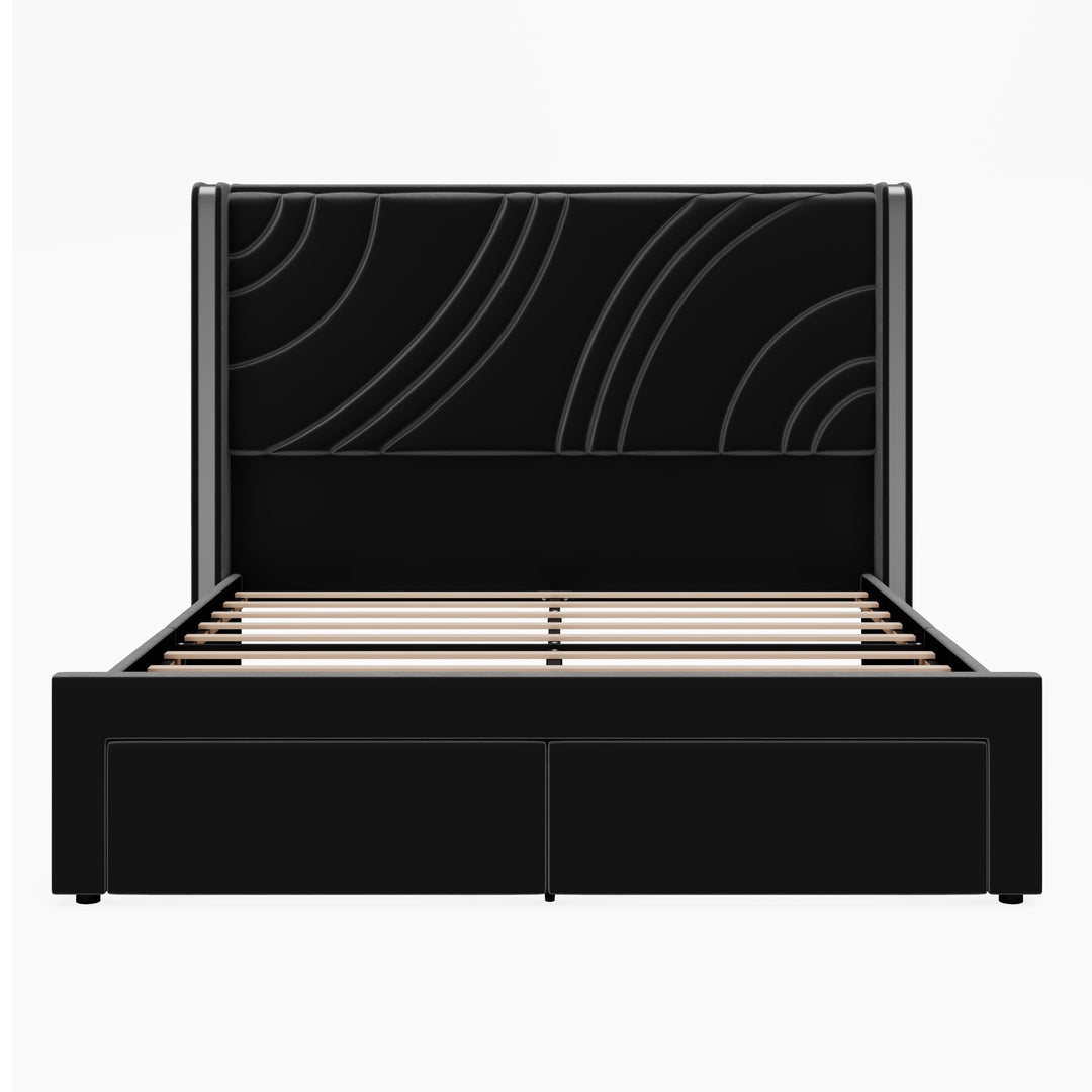 Velvet Upholstered Platform Bed with Smart Ambient Strip Lights Wingback Headboard and Endbed Pull-Out Storage Drawers