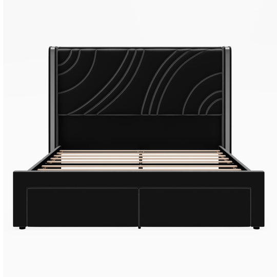 Velvet Upholstered Platform Bed with Smart Ambient Strip Lights Wingback Headboard and Endbed Pull-Out Storage Drawers