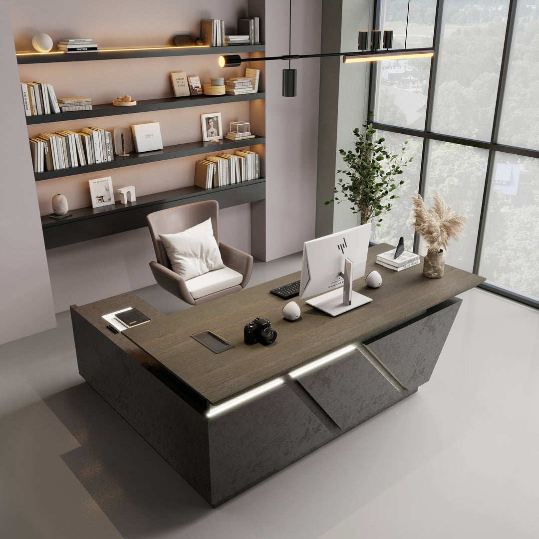 WESOME Adjustable Height L Shaped Executive Desk with Outlet Cabinets Cable Management