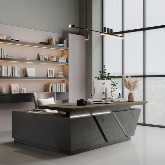 WESOME Adjustable Height L Shaped Executive Desk with Outlet Cabinets Cable Management