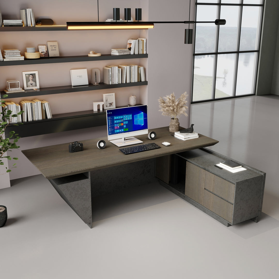WESOME Adjustable Height L Shaped Executive Desk with Outlet Cabinets Cable Management