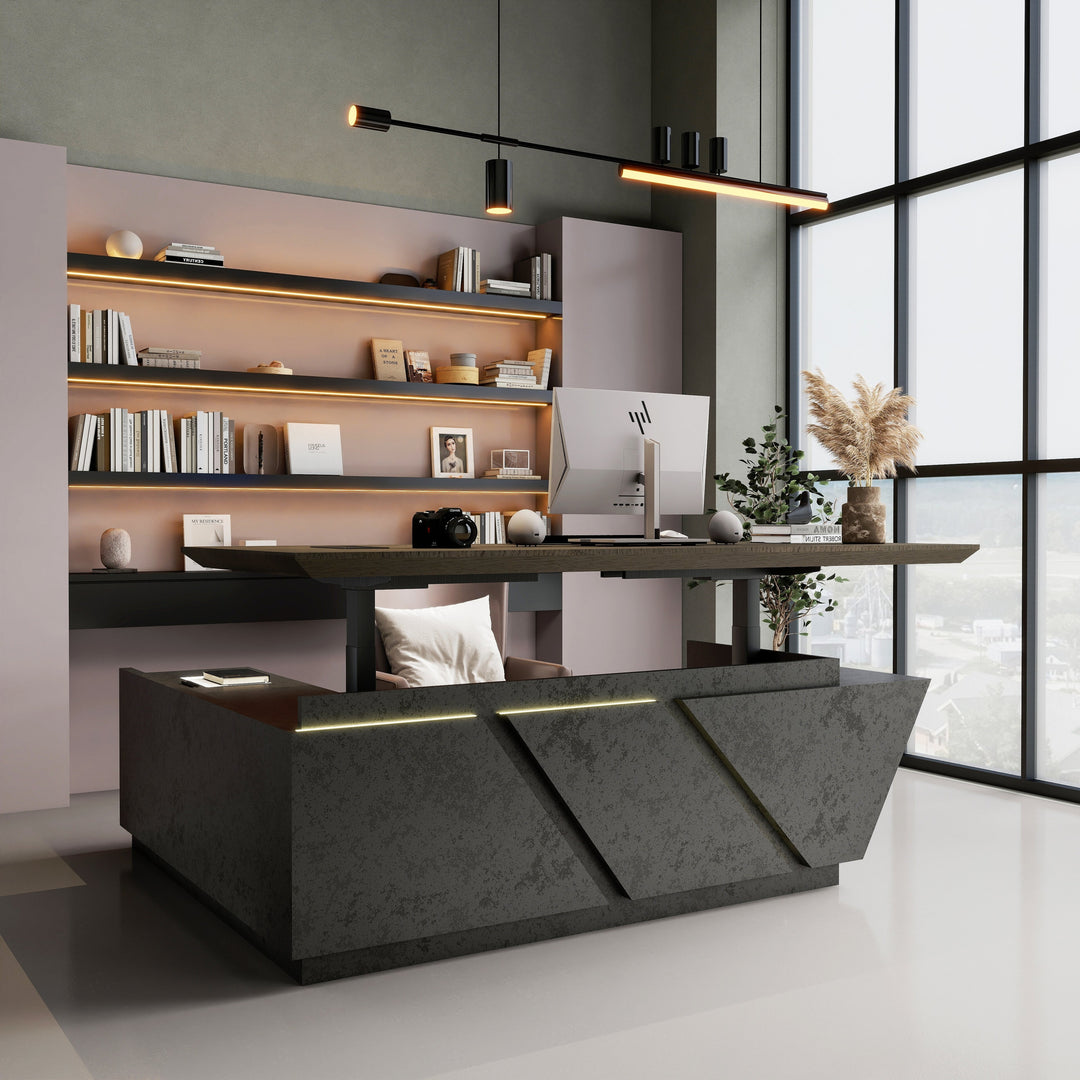 WESOME Adjustable Height L Shaped Executive Desk with Outlet Cabinets Cable Management