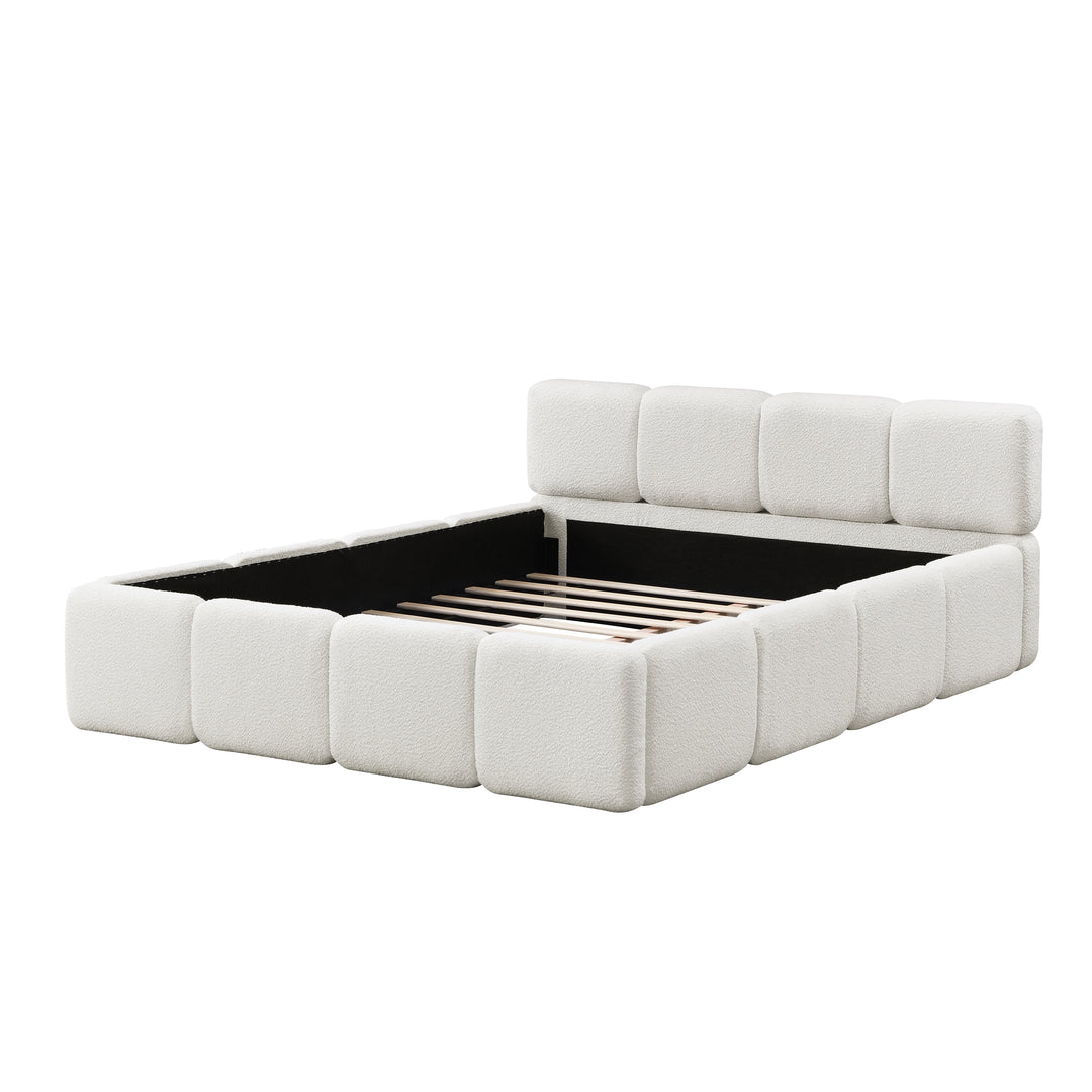 Modern Upholstered Bed Frame Block Style Grounded Bed with Thick Headboard, Lowprofile Wingback Bed Floor Bed Platform Bed Frame