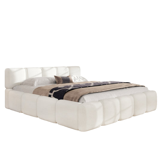 Modern Upholstered Bed Frame Block Style Grounded Bed with Thick Headboard, Lowprofile Wingback Bed Floor Bed Platform Bed Frame
