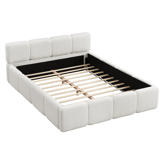 Modern Upholstered Bed Frame Block Style Grounded Bed with Thick Headboard, Lowprofile Wingback Bed Floor Bed Platform Bed Frame
