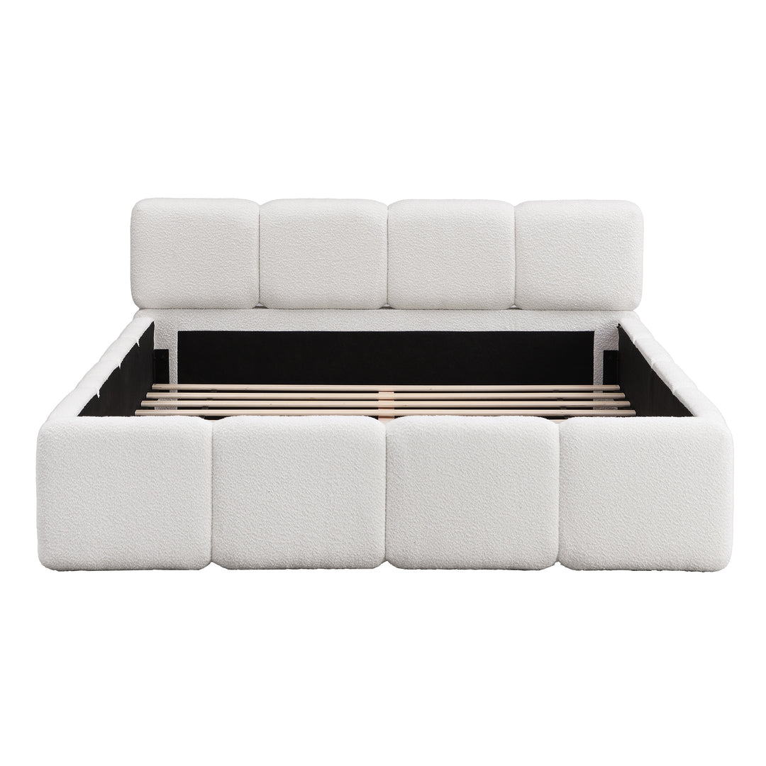 Modern Upholstered Bed Frame Block Style Grounded Bed with Thick Headboard, Lowprofile Wingback Bed Floor Bed Platform Bed Frame