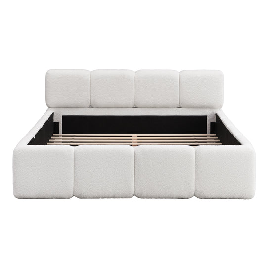 Modern Upholstered Bed Frame Block Style Grounded Bed with Thick Headboard, Lowprofile Wingback Bed Floor Bed Platform Bed Frame