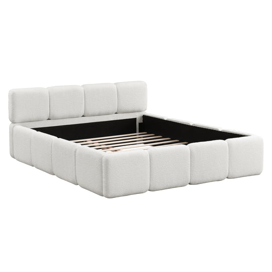 Modern Upholstered Bed Frame Block Style Grounded Bed with Thick Headboard, Lowprofile Wingback Bed Floor Bed Platform Bed Frame