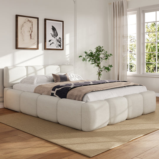 Modern Upholstered Bed Frame Block Style Grounded Bed with Thick Headboard, Lowprofile Wingback Bed Floor Bed Platform Bed Frame