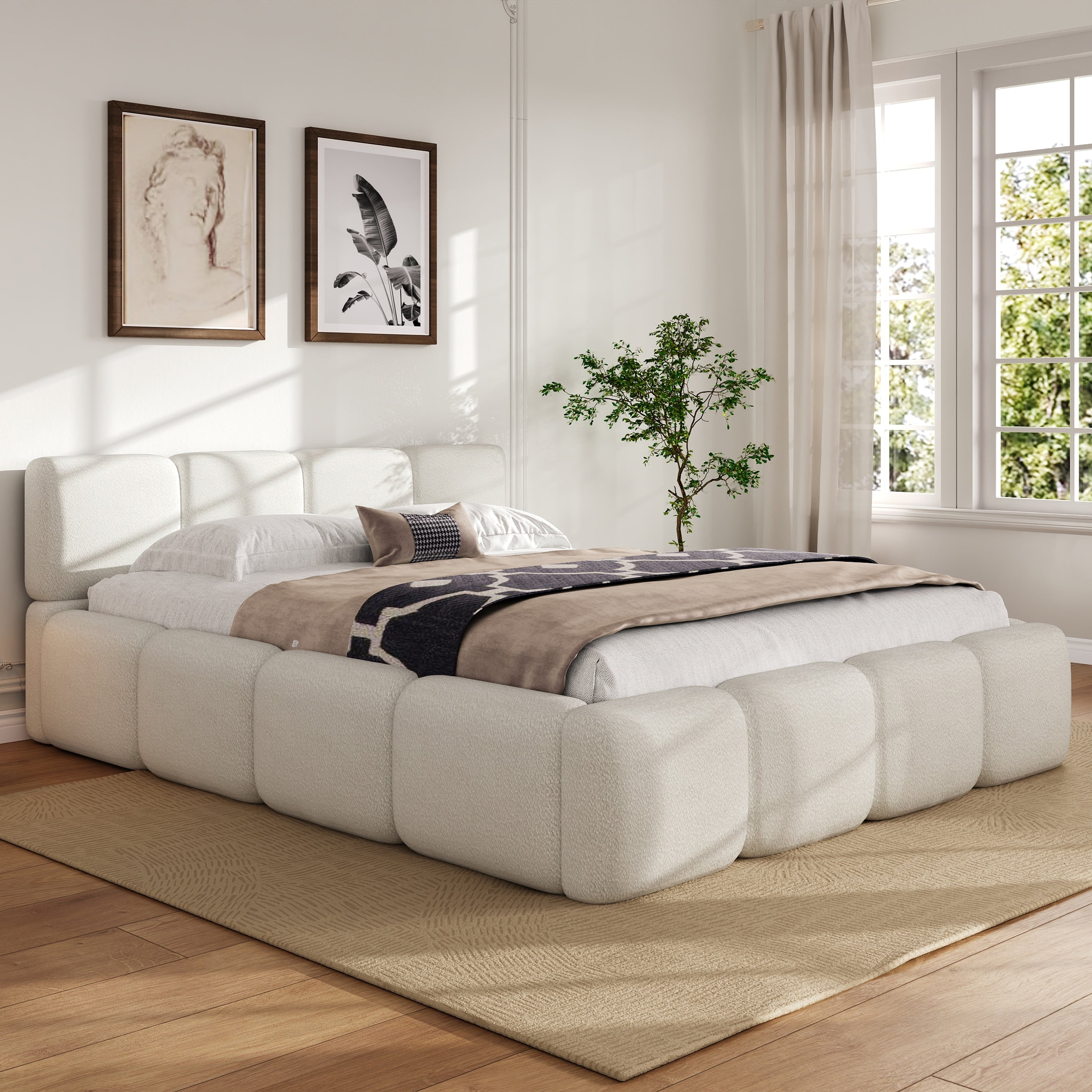 Modern Upholstered Bed Frame Block Style Grounded Bed with Thick Headboard, Lowprofile Wingback Bed Floor Bed Platform Bed Frame