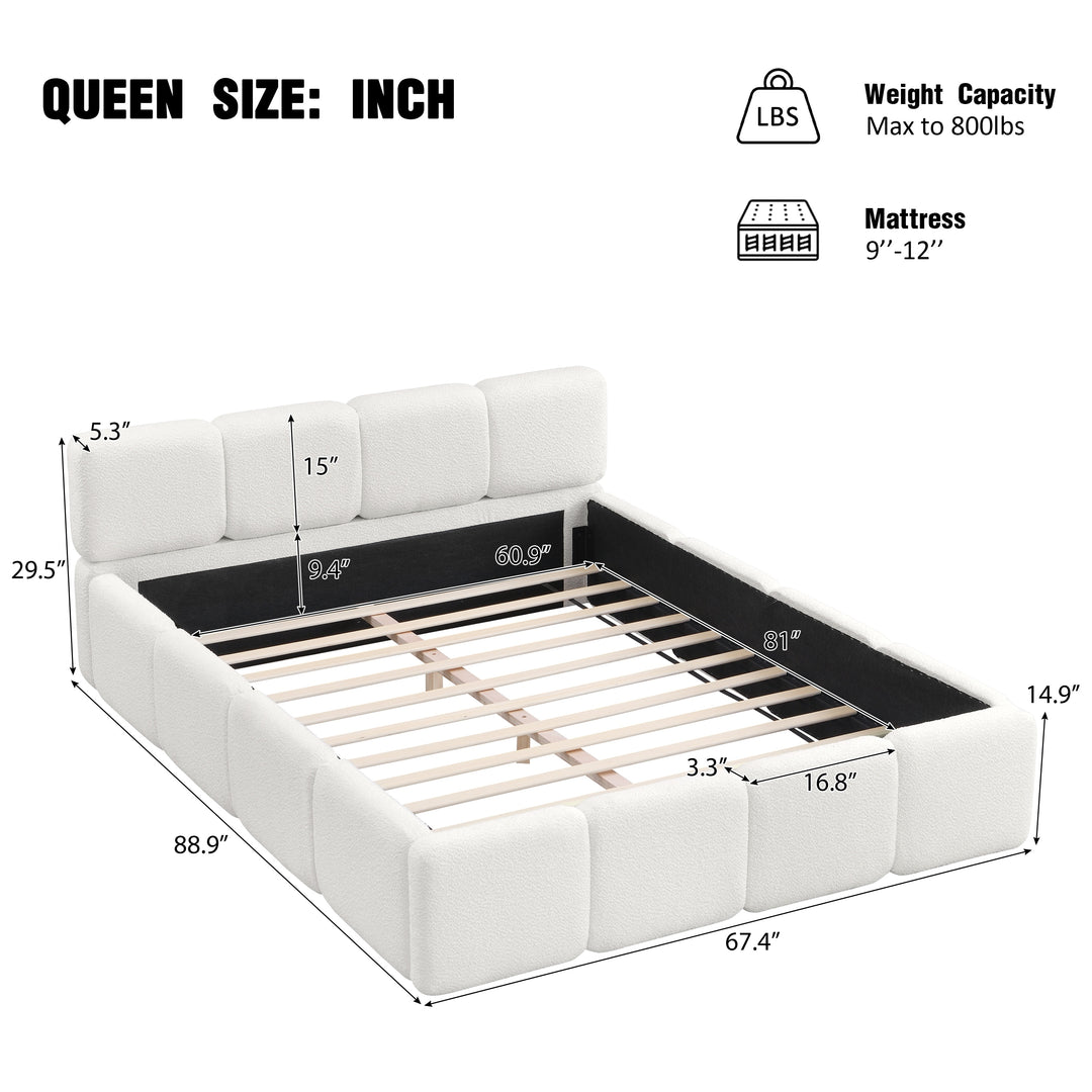 Modern Upholstered Bed Frame Block Style Grounded Bed with Thick Headboard, Lowprofile Wingback Bed Floor Bed Platform Bed Frame