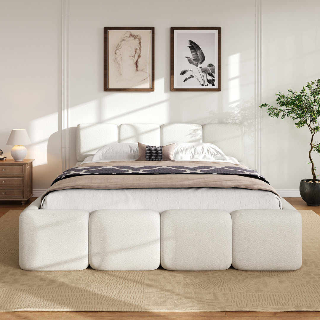 Modern Upholstered Bed Frame Block Style Grounded Bed with Thick Headboard, Lowprofile Wingback Bed Floor Bed Platform Bed Frame