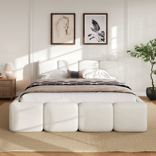 Modern Upholstered Bed Frame Block Style Grounded Bed with Thick Headboard, Lowprofile Wingback Bed Floor Bed Platform Bed Frame