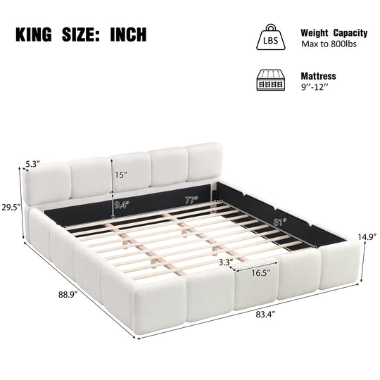 Modern Upholstered Bed Frame Block Style Grounded Bed with Thick Headboard, Lowprofile Wingback Bed Floor Bed Platform Bed Frame
