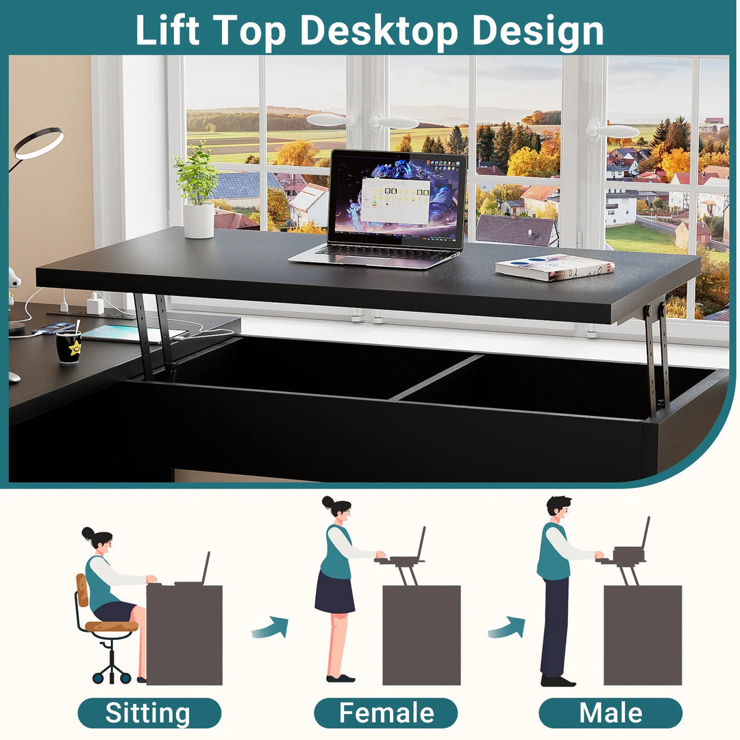 Modern Farmhouse Lift Top L-Shaped Desk with Charge Station, Corner Desk with File Drawers for Home Office