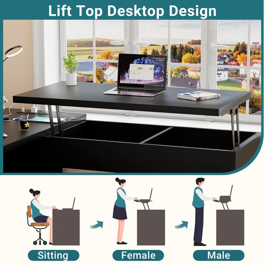 Modern Farmhouse Lift Top L-Shaped Desk with Charge Station, Corner Desk with File Drawers for Home Office