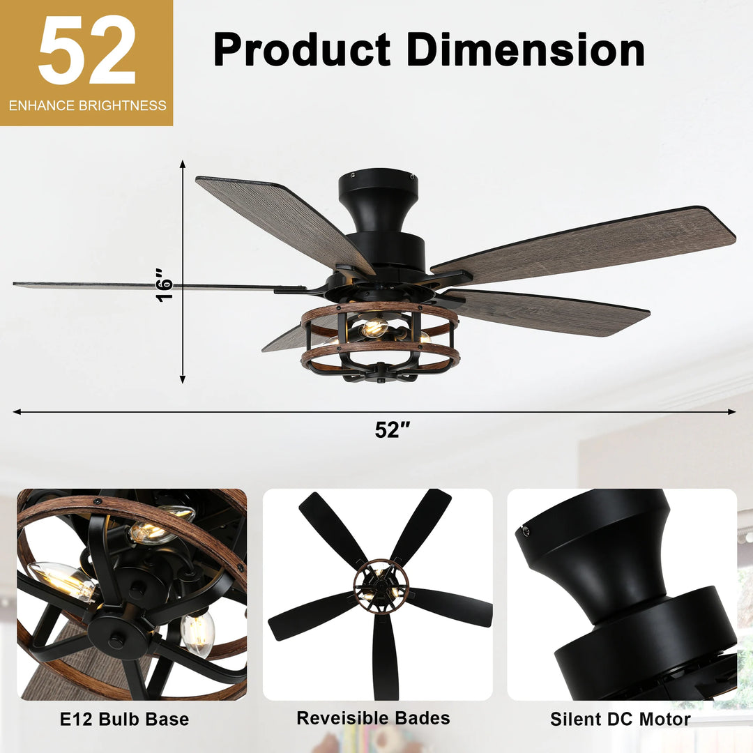 52-In Farmhouse Black Caged Ceiling Fan with Lights and Remote Control, Low Profile Flush Mount Chandelier Ceiling Fan