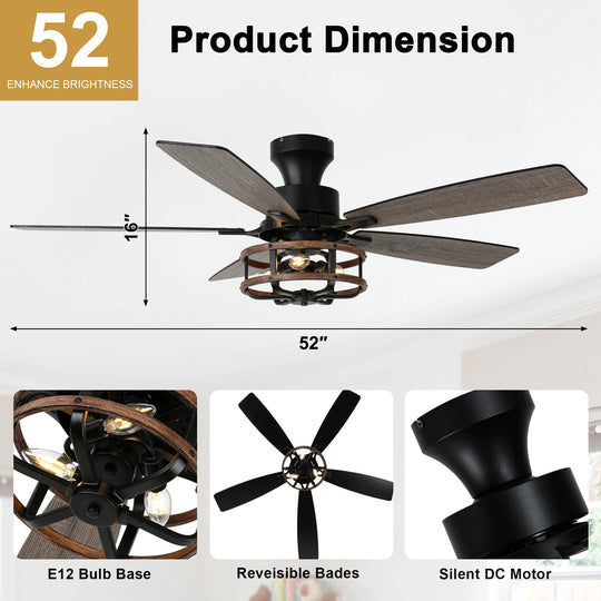 52-In Farmhouse Black Caged Ceiling Fan with Lights and Remote Control, Low Profile Flush Mount Chandelier Ceiling Fan