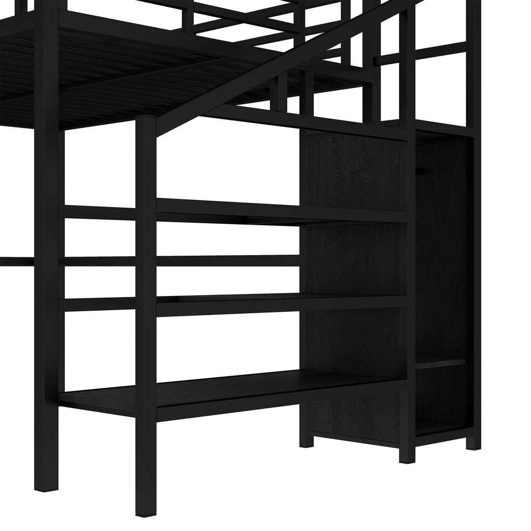 Queen Size Esports Gaming & Work Loft Bed with L-Shaped Desk, USB, LED, Wardrobe and Adjustable Shelf, Versatile Metal Bed Frame