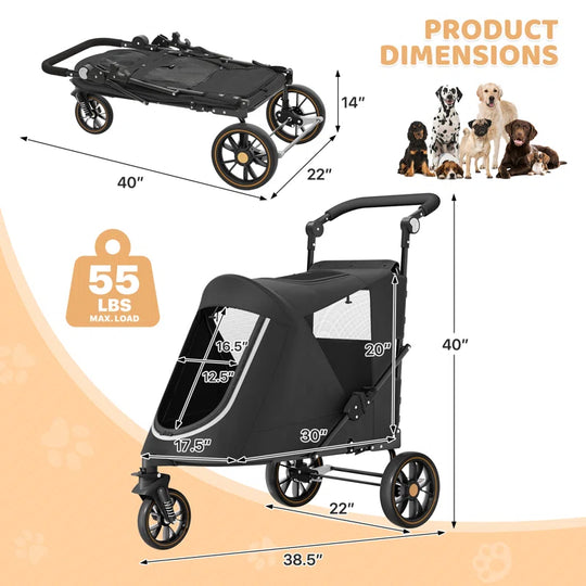 Foldable Pet Stroller for Small & Medium Dogs and Cats 3-Wheel Dog Stroller with 9 Angles Adjustable Handlebar