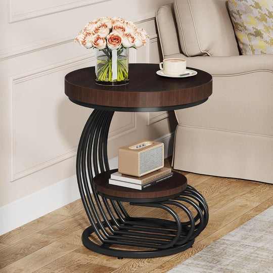 2 Tiers round End Table with Shelf Storage, Arc-Shaped Side Sofa Table