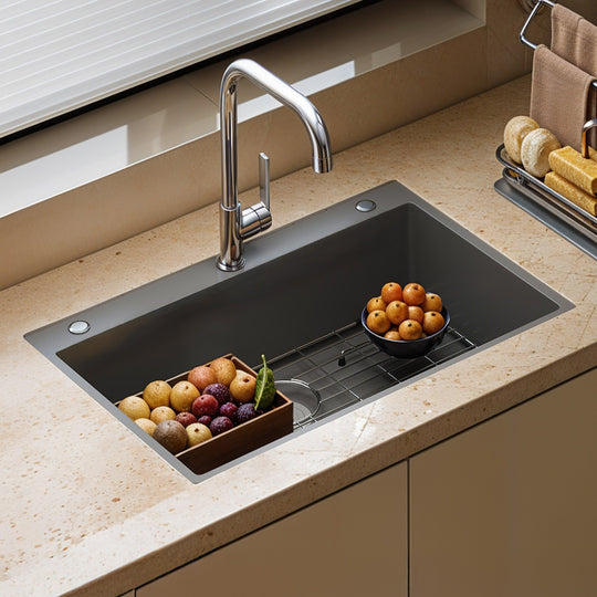 33 Inch Drop in Kitchen Sink Top Mount Stainless Steel Black Sink W/Sink Protector Single Bowl Drop-In Sink for Workstation