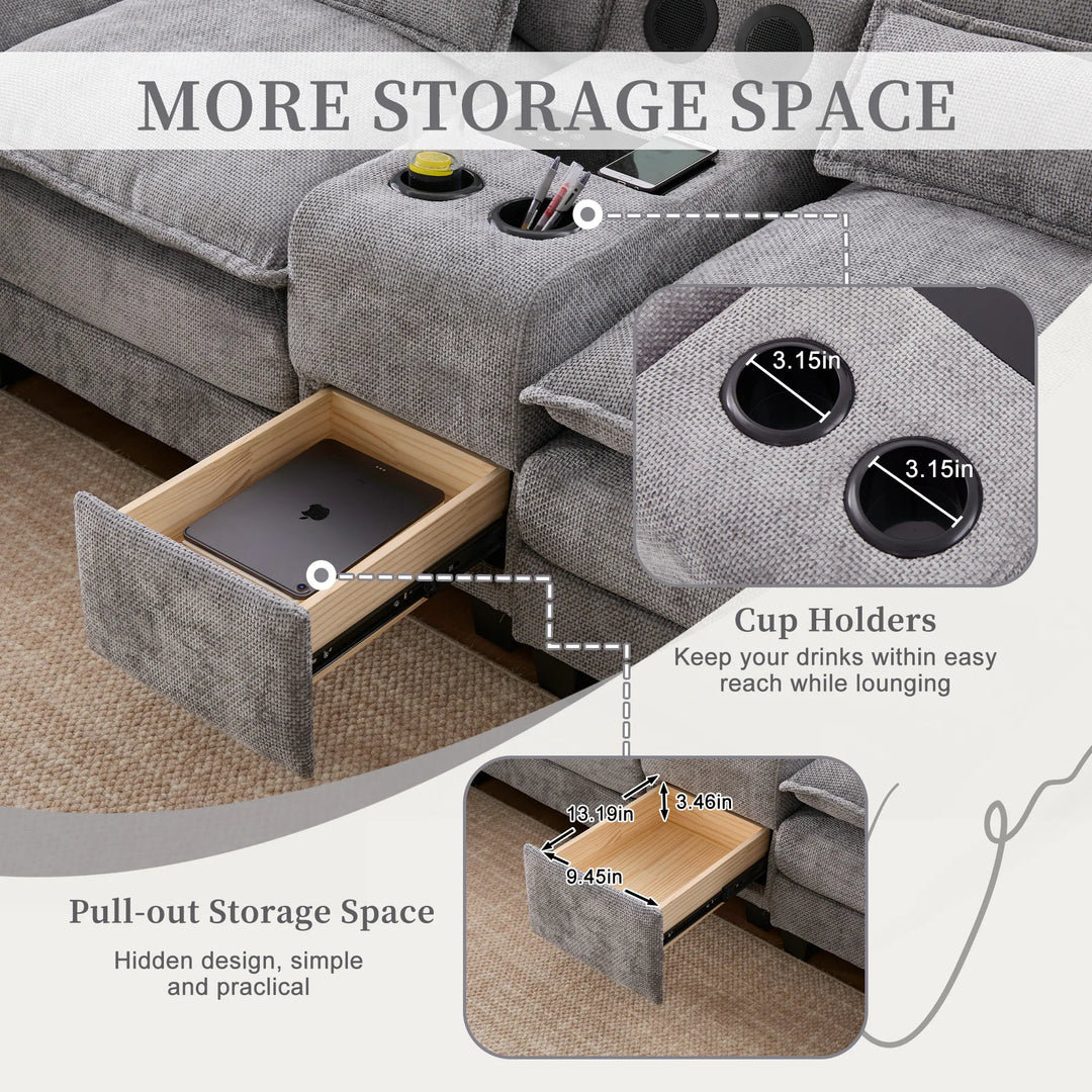 6-Seat Chenille Upholstered Modern U-Shaped Sectional Multifunctional Sofa with 2 Cup Holders,Pull-Out Storage Space