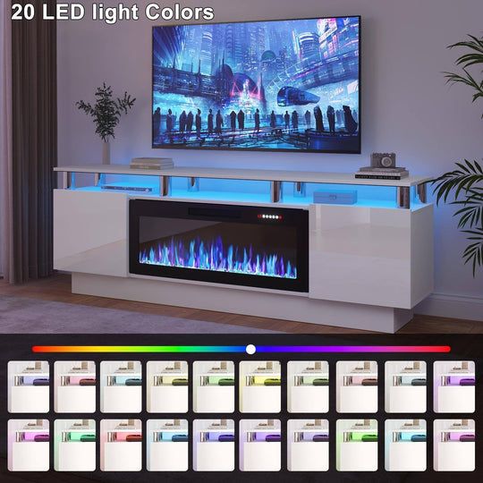 70" Modern Electric Fireplace TV Stand, with Electronic Flame and LED Lights, High Gloss Finish Entertainment Center