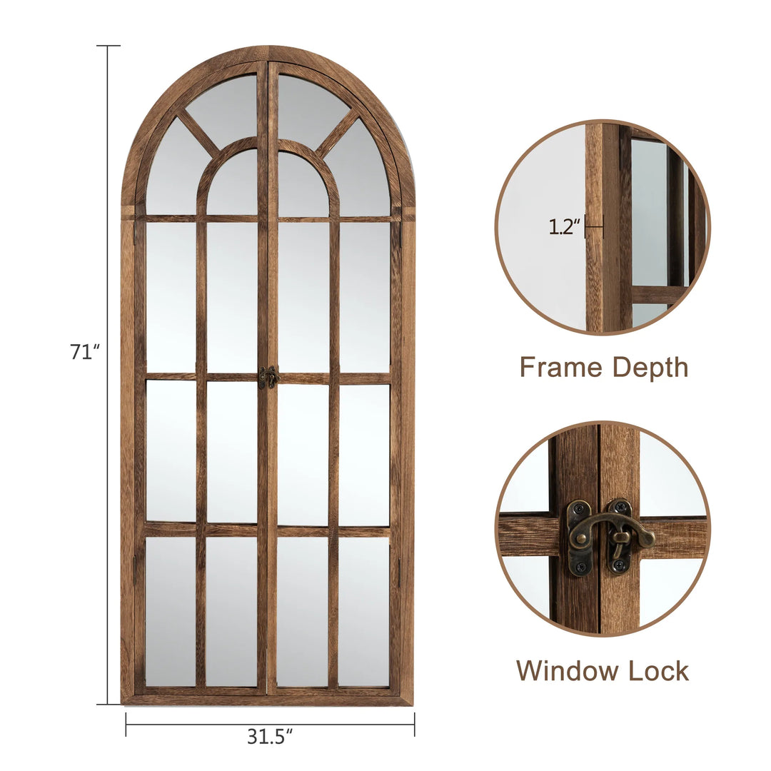 Rustic Wood Arched Window Wall Mirror - Distinctive Full Length Vanity Mirror