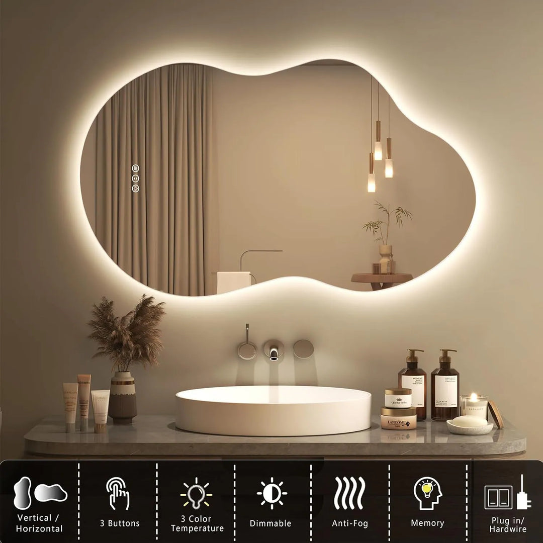 Frameless Irregular LED Anti-Fog Bathroom Vanity Mirror, Asymmetrical Backlit Wall Mirror