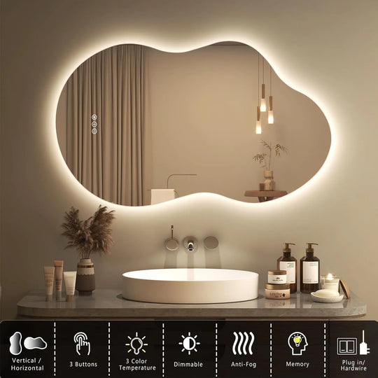 Frameless Irregular LED Anti-Fog Bathroom Vanity Mirror, Asymmetrical Backlit Wall Mirror