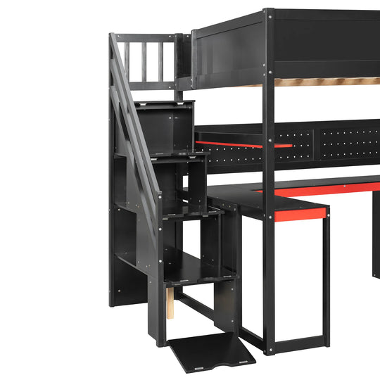 Full Size Wooden Gaming Loft Bed with Storage Stairs, Desk, Shelves and Pegboard