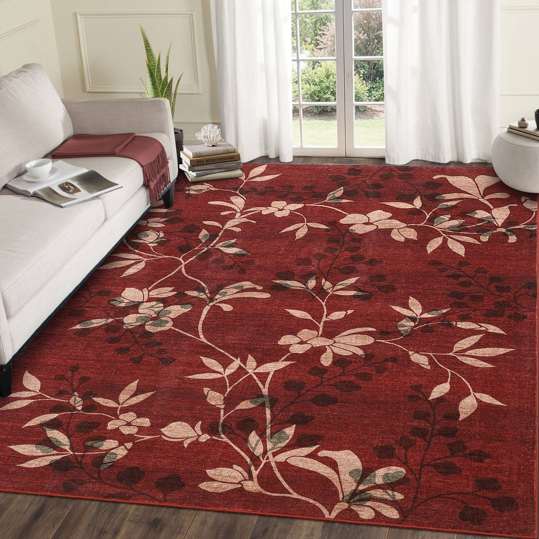 Modern Leaves Pattern Area Rug Botanical Print Washable Rugs for Living Room Bedroom Non-Slip Low Pile Floor Carpet