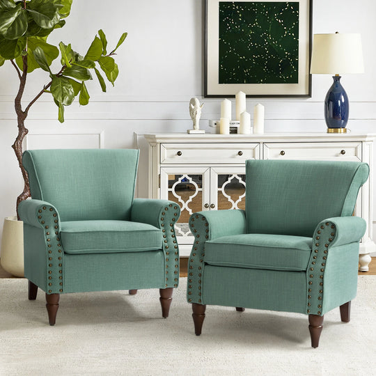 Nyctelius Upholstered Comfy Accent Chair with Turned Wooden Legs and Nailhead Trim Set of 2 by