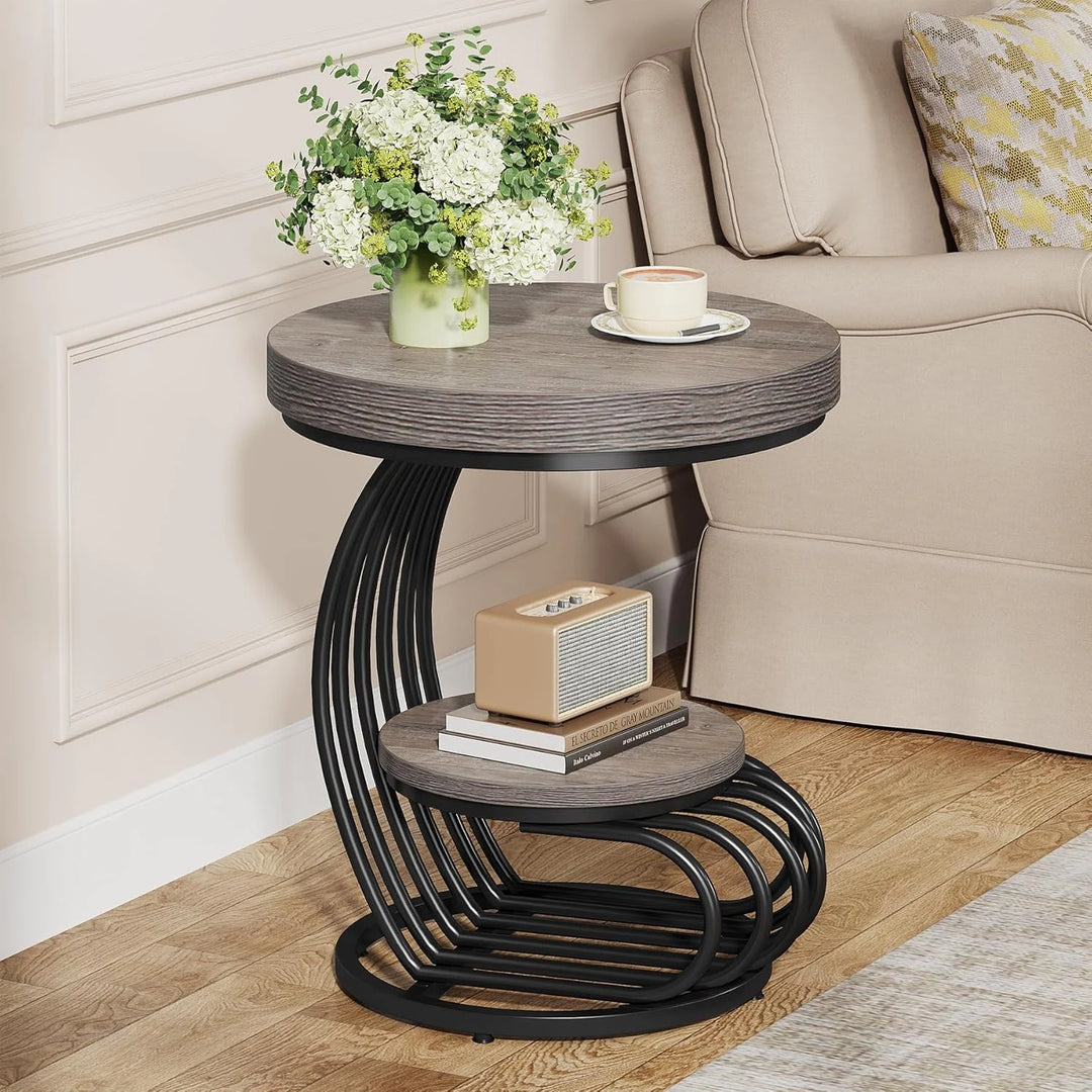 2 Tiers round End Table with Shelf Storage, Arc-Shaped Side Sofa Table
