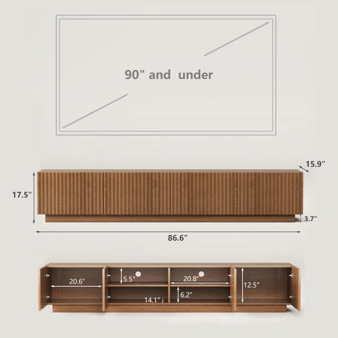 86.6" Modern Walnut TV Stand with Grille Doors & Storage for 90" Tvs - 86.6"Wx15.9"Dx17.5"H