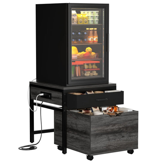 Modern Farmhouse Nightstand with Charging Station, Living Room End Table with Rolling Cabinet