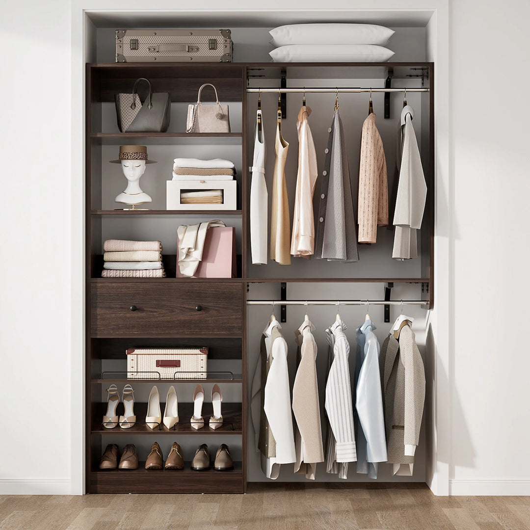 5FT Closet System with 2 Hanging Rods and Wooden Drawer, Walk-In Closet Organizer with 2 Wing Shelve and Adjustable Rack Shelves