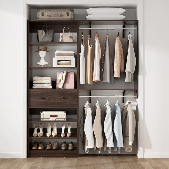 5FT Closet System with 2 Hanging Rods and Wooden Drawer, Walk-In Closet Organizer with 2 Wing Shelve and Adjustable Rack Shelves