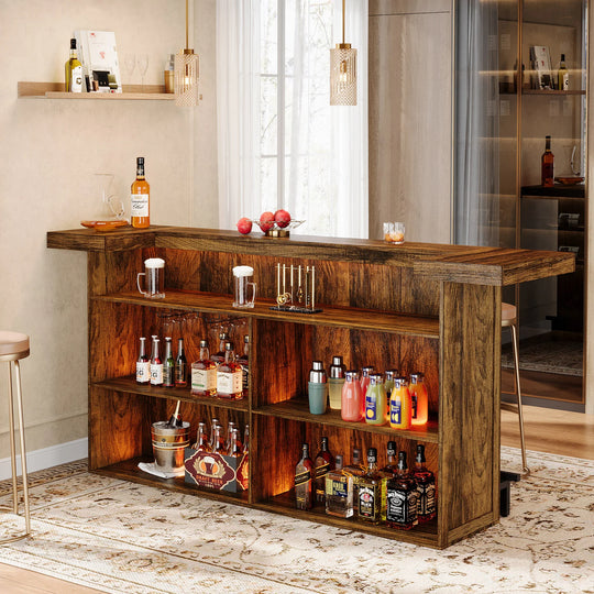 70.9" Wooden Home Bar Table with Wine Glass Holder, Pub Storage Unit Accent Table for Home Patio Basement