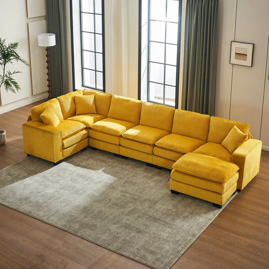 Modern U-Shaped 6-Seater Sectional Sofa with One Footstool