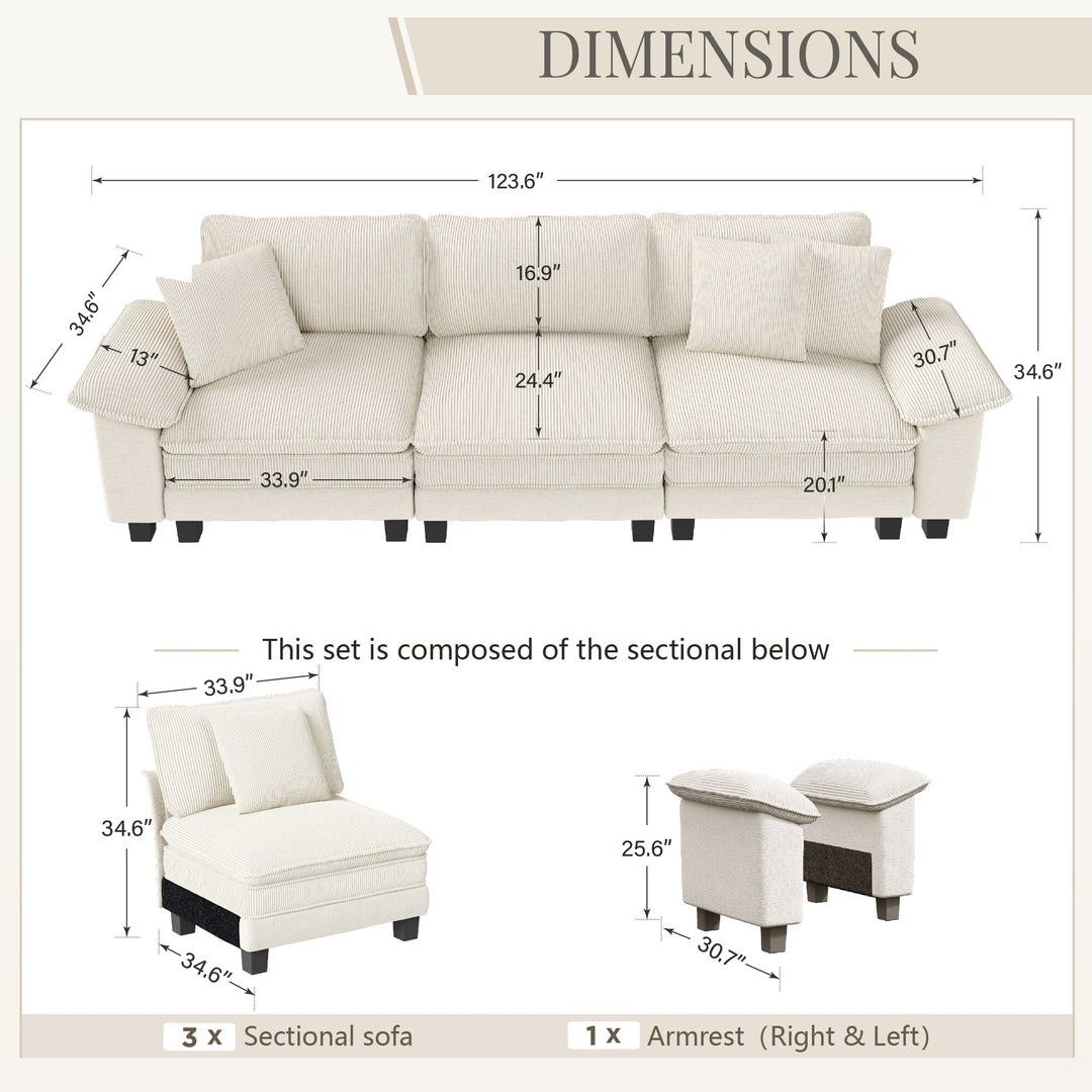 Cloud Modular Deep Seat Sofa, Chenille or Corduroy Sectional Couch with Removable Arms, 1–4 Seater